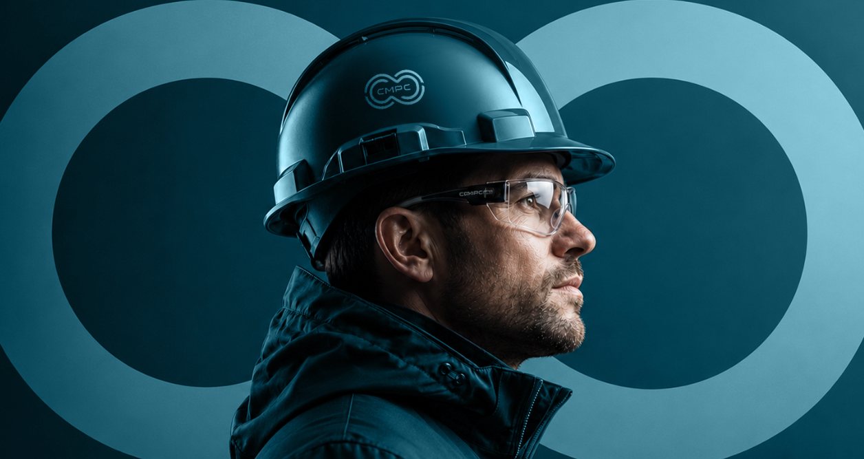 Colaborador da CMPC de perfil com capacete e óculos de proteção, diante do símbolo do infinito da marca